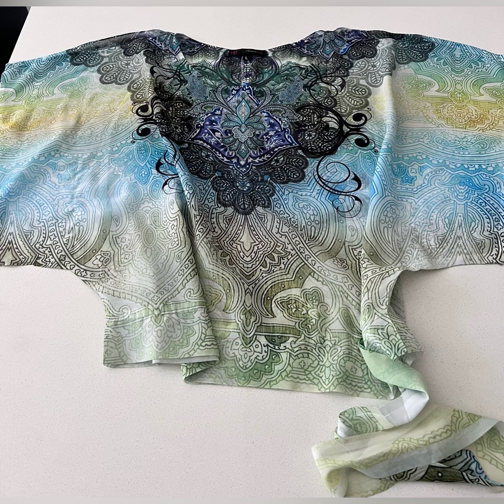 HeartSoul Shear Multicolor Blouse Peek A Boo Butterfly Sleeves Womens Large
